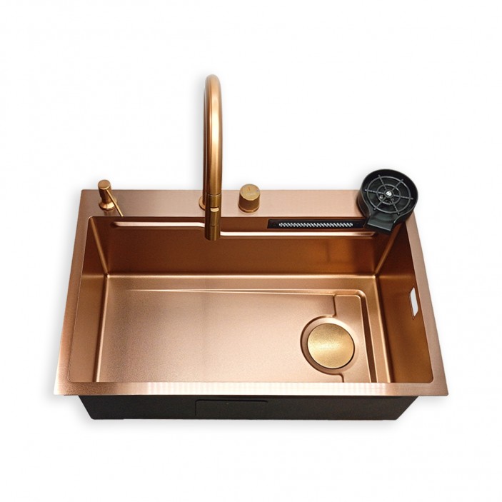 IVENTO Multifunctional sink with pull-out spout, waterfall effect mixer, two removable draining and washing trays, glass washing area, built-in detergent dispenser. 760x480x230 mm. Rose gold embossed 20L.041.54 - 20. Kitchen sinks and vent hoods IVENTO Multifunctional sink with pull-out spout, waterfall effect mixer, two removable draining and washing trays, glass washing area, built-in detergent dispenser. 760x480x230 mm. Rose gold embossed 20. Kitchen sinks and vent hoods
