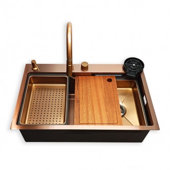 IVENTO Multifunctional sink with pull-out spout, waterfall effect mixer, two removable draining and washing trays, glass washing area, built-in detergent dispenser. 760x480x230 mm. Rose gold embossed 20. Kitchen sinks and vent hoods