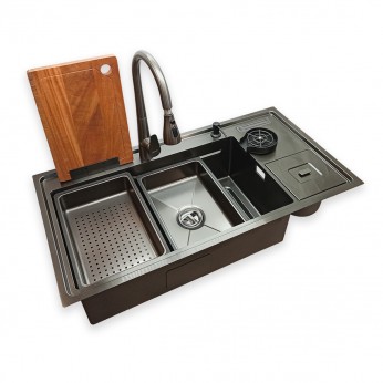 IVENTO Multifunctional sink with pull-out spout, waterfall effect mixer, two removable draining and washing trays, glass washing area, built-in detergent dispenser. 760x480x230 mm. Rose gold embossed 20. Kitchen sinks and vent hoods