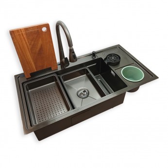 IVENTO Multifunctional sink with pull-out spout, waterfall effect mixer, two removable draining and washing trays, glass washing area, built-in detergent dispenser. 760x480x230 mm. Rose gold embossed 20. Kitchen sinks and vent hoods