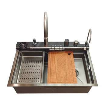 IVENTO Multifunctional luxury sink with pull-out spout and waterfall effect mixer, drainer, glass washing area, built-in detergent dispenser. 750x500x230 mm.  Embossed Black 20. Kitchen sinks and vent hoods