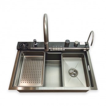 IVENTO Multifunctional luxury sink with pull-out spout and waterfall effect mixer, drainer, glass washing area, built-in detergent dispenser. 750x500x230 mm.  Embossed Black 20. Kitchen sinks and vent hoods