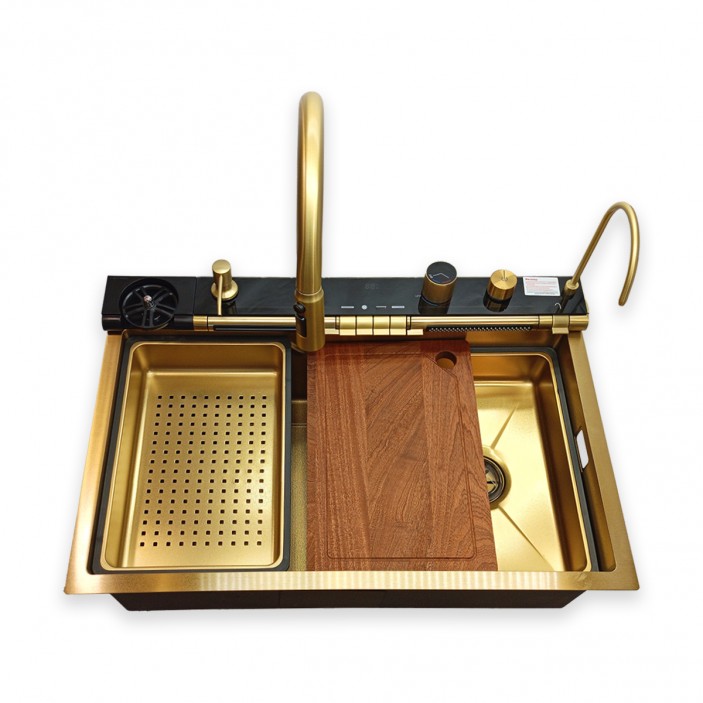 IVENTO Multifunctional sink with pull-out spout and waterfall mixer, drainer, glass washing area, built-in detergent dispenser. 750x500x230 mm. Gold brushed stainless steel. 20. Kitchen sinks and vent hoods