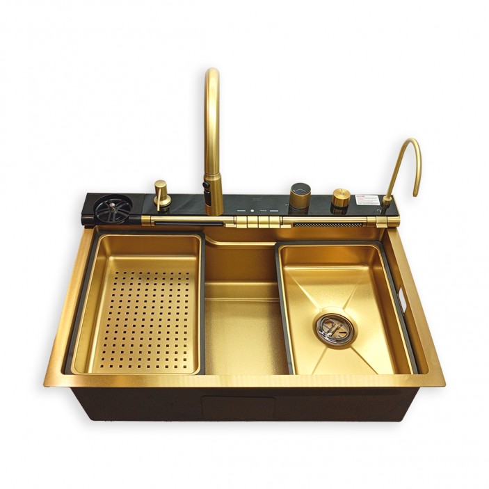 IVENTO Multifunctional sink with pull-out spout and waterfall mixer, drainer, glass washing area, built-in detergent dispenser. 750x500x230 mm. Gold brushed stainless steel. 20. Kitchen sinks and vent hoods
