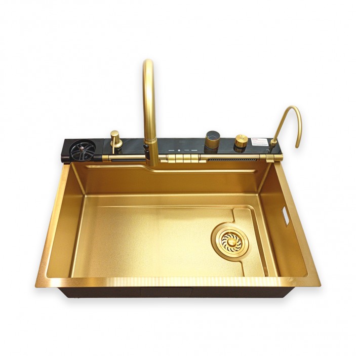 IVENTO Multifunctional sink with pull-out spout and waterfall mixer, drainer, glass washing area, built-in detergent dispenser. 750x500x230 mm. Gold brushed stainless steel. 20. Kitchen sinks and vent hoods