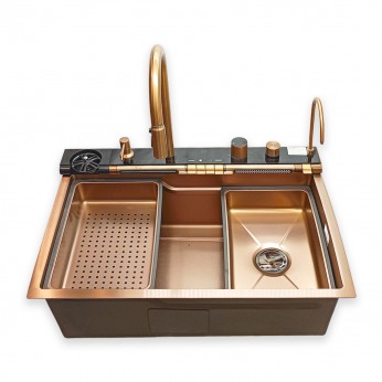 IVENTO Multifunctional sink with pull-out spout and waterfall mixer, drainer, glass washing area, built-in detergent dispenser. 750x500x230 mm. Rose Gold brushed stainless steel. 20. Kitchen sinks and vent hoods