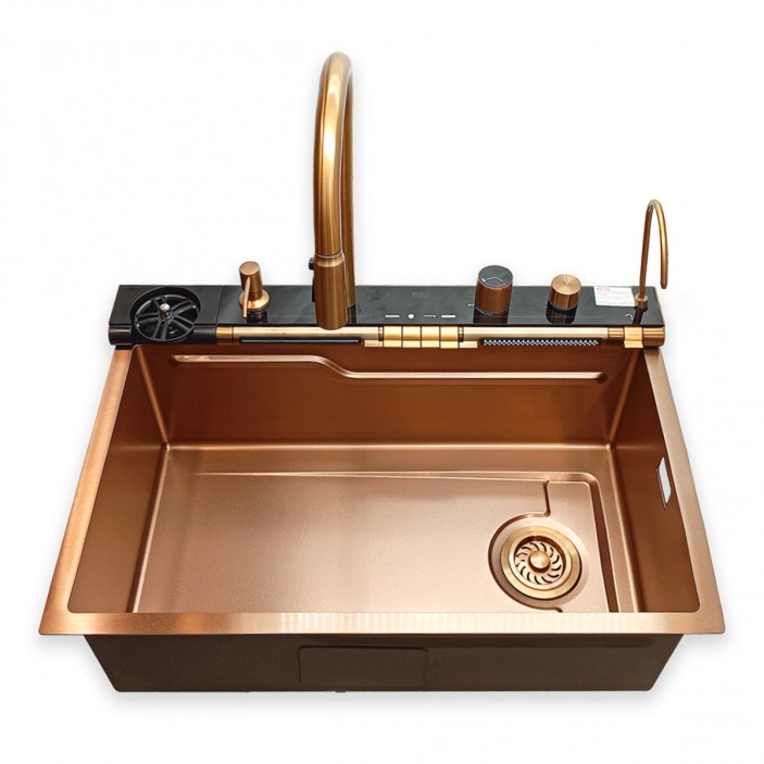 IVENTO Multifunctional sink with pull-out spout and waterfall mixer, drainer, glass washing area, built-in detergent dispenser. 750x500x230 mm. Rose Gold brushed stainless steel. 20. Kitchen sinks and vent hoods