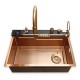 IVENTO Multifunctional sink with pull-out spout and waterfall mixer, drainer, glass washing area, built-in detergent dispenser. 750x500x230 mm. Rose Gold brushed stainless steel. 20. Kitchen sinks and vent hoods
