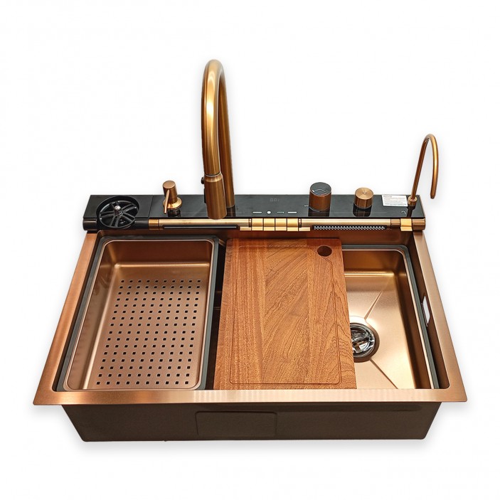 IVENTO Multifunctional sink with pull-out spout and waterfall mixer, drainer, glass washing area, built-in detergent dispenser. 750x500x230 mm. Rose Gold brushed stainless steel. 20. Kitchen sinks and vent hoods