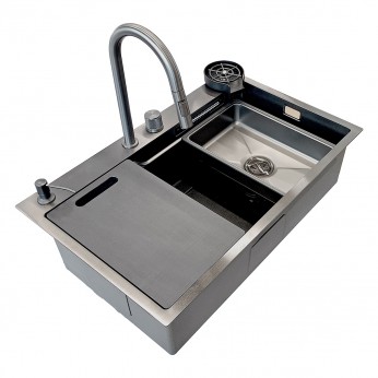 Multifunctional sink with pull-out spout and waterfall mixer, drainer, glass washing area, built-in detergent dispenser. 800x500x230 mm. Black. 20L.041.62 - 20. Kitchen sinks and vent hoods Multifunctional sink with pull-out spout and waterfall mixer, drainer, glass washing area, built-in detergent dispenser. 800x500x230 mm. Black. 20. Kitchen sinks and vent hoods