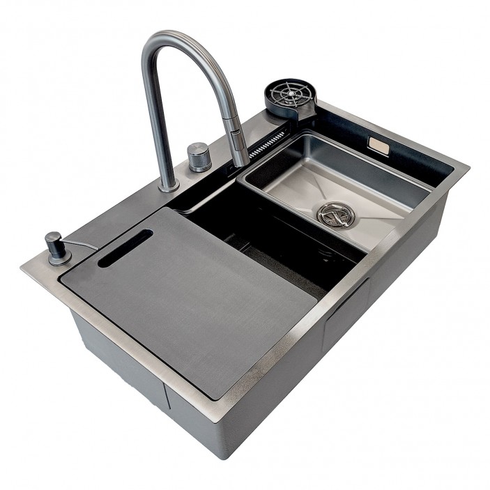Multifunctional sink with pull-out spout and waterfall mixer, drainer, glass washing area, built-in detergent dispenser. 800x500x230 mm. Black. 20L.041.62 - 20. Kitchen sinks and vent hoods Multifunctional sink with pull-out spout and waterfall mixer, drainer, glass washing area, built-in detergent dispenser. 800x500x230 mm. Black. 20. Kitchen sinks and vent hoods