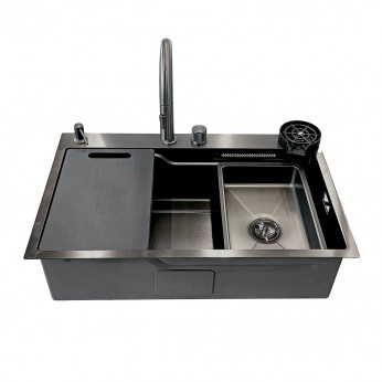 Multifunctional sink with pull-out spout and waterfall mixer, drainer, glass washing area, built-in detergent dispenser. 800x500x230 mm. Black. 20. Kitchen sinks and vent hoods
