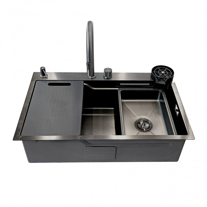Multifunctional sink with pull-out spout and waterfall mixer, drainer, glass washing area, built-in detergent dispenser. 800x500x230 mm. Black. 20L.041.62 - 20. Kitchen sinks and vent hoods Multifunctional sink with pull-out spout and waterfall mixer, drainer, glass washing area, built-in detergent dispenser. 800x500x230 mm. Black. 20. Kitchen sinks and vent hoods