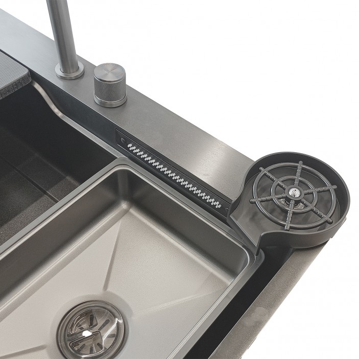 Multifunctional sink with pull-out spout and waterfall mixer, drainer, glass washing area, built-in detergent dispenser. 800x500x230 mm. Black. 20L.041.62 - 20. Kitchen sinks and vent hoods Multifunctional sink with pull-out spout and waterfall mixer, drainer, glass washing area, built-in detergent dispenser. 800x500x230 mm. Black. 20. Kitchen sinks and vent hoods