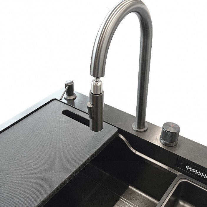 Multifunctional sink with pull-out spout and waterfall mixer, drainer, glass washing area, built-in detergent dispenser. 800x500x230 mm. Black. 20L.041.62 - 20. Kitchen sinks and vent hoods Multifunctional sink with pull-out spout and waterfall mixer, drainer, glass washing area, built-in detergent dispenser. 800x500x230 mm. Black. 20. Kitchen sinks and vent hoods