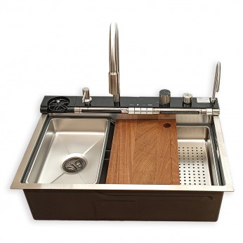 IVENTO Multifunctional luxury sink with pull-out spout and waterfall effect mixer, drainer, glass washing area, built-in detergent dispenser. 750x500x230 mm. Brushed stainless steel 20. Kitchen sinks and vent hoods