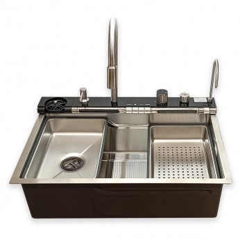 IVENTO Multifunctional luxury sink with pull-out spout and waterfall effect mixer, drainer, glass washing area, built-in detergent dispenser. 750x500x230 mm. Brushed stainless steel 20. Kitchen sinks and vent hoods