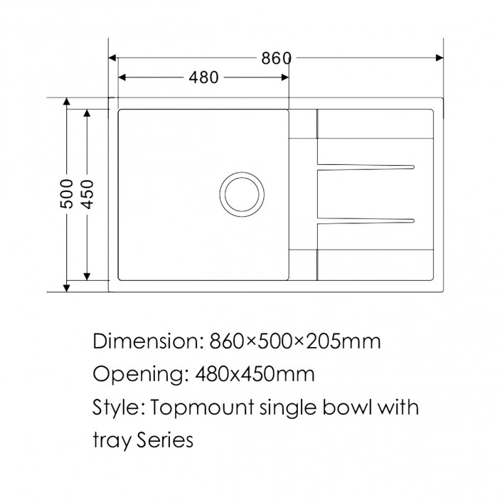 IVENTO Kitchen sink made of composite granite with drainer. Size 860x500x205 mm, color black 20. Kitchen sinks and vent hoods