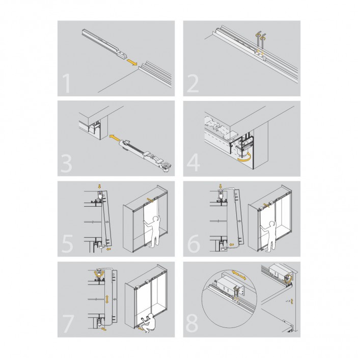 Система плъзгащи механизми за външни врата с горно воден INDAUX-4. 22. Механизми за плъзгащи врати