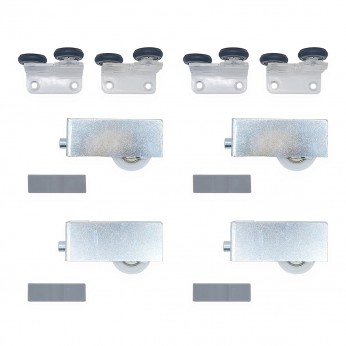 Glass and chipboard system with bottom guide in matt chrome color. Upper mechanism - PVC with spring, Lower mechanism - metal with bearing for one sliding door. Glass and chipboard system with bottom guide in matt chrome color. Upper mechanism - PVC with spring, Lower mechanism - metal with bearing for one sliding door.