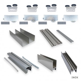 IVENTO Glass and chipboard system with lower guide in INOX color, Upper mechanism - PVC with spring, Lower mechanism - metal with bearing for one sliding door