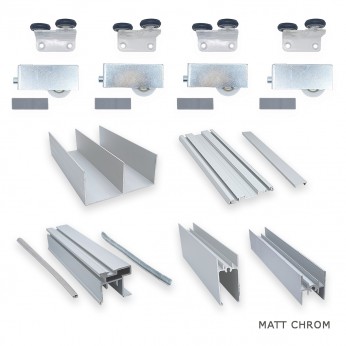 Glass and chipboard system with bottom guide in matt chrome color. Upper mechanism - PVC with spring, Lower mechanism - metal with bearing for one sliding door.