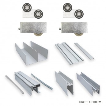 IVENTO K - Glass and chipboard system with lower guide MATTE CHROME. Upper mechanism - PVC with spring, Lower mechanism - metal with bearing for one sliding door.