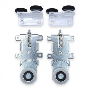 IVENTO K - Glass and chipboard system with lower guide. External installation. Upper PVC with spring, Lower metal with bearing for one sliding door. INOX