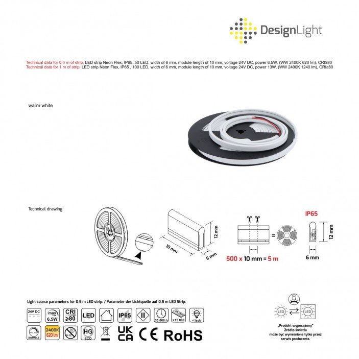 Гъвкава неонова осветителна лента влагоустойчива - 2400K  6x12 mm (100 LED/m 5m roll), 24V DC, IP65, 13W/m 31. Осветителни тела за мебели