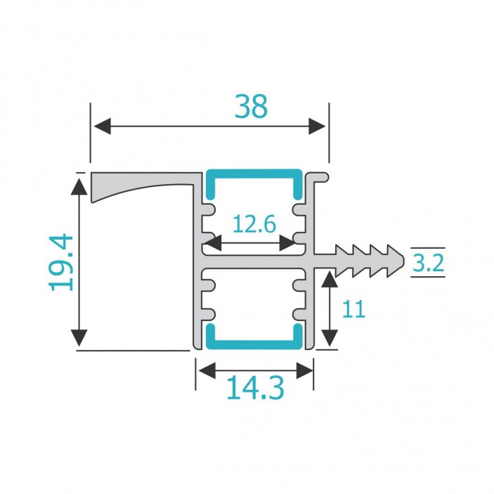 IVENTO Aluminum double-light profile for LED strip for 18 mm chipboard, 3 m. Furniture LED lighting