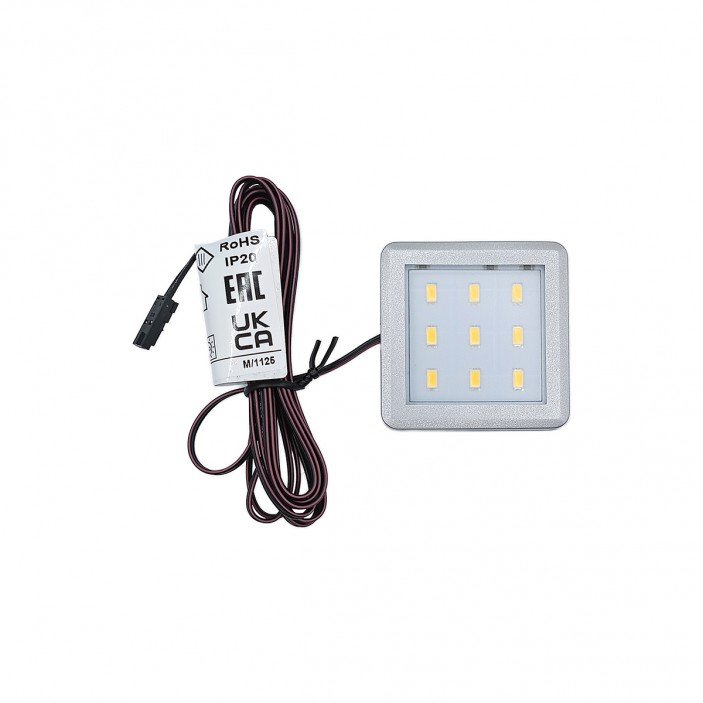 LED осветител за под шкаф квадратна кухненска лампа 2,5W 12VDC 9 диода 4000К с 2м кабел с конектор, мат хром 31. Осветителни тела за мебели
