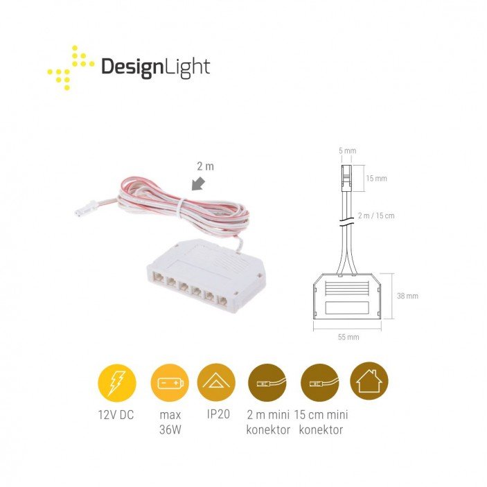 Разклонител с 6 гнезда с кабел 2м,  2x0.22 mm и мини конектор 31. Осветителни тела за мебели