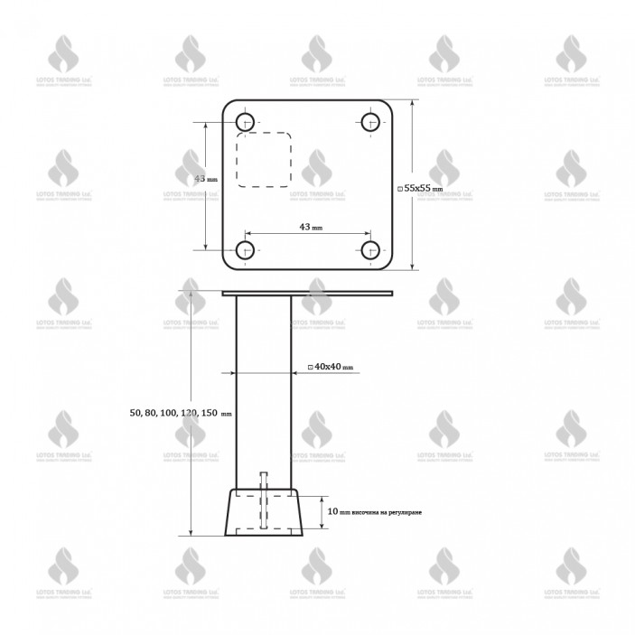 Aluminium base legs L40х40 linen matt chrome Aluminium legs and spacers