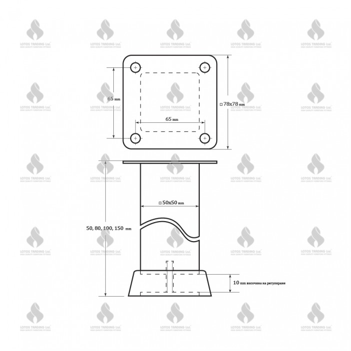 Aluminium base legs L50х50 matt chrome 11L.106.05-15.05 - Aluminium legs and spacers Aluminium base legs L50х50 matt chrome Aluminium legs and spacers