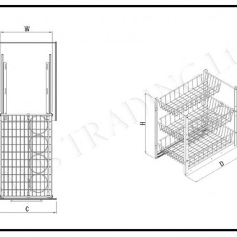 Триетажна кошница за чинии, бутилки и препарати с плавно прибиране Кухненски механизми за вграждане