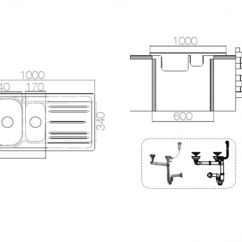 Inset sink 1.5 50x100 with big siphon and trough overflow Kitchen sinks and vent hoods
