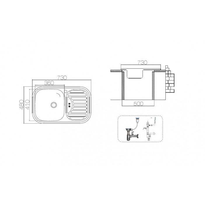 Мивка 48x73 с голям сифон и преливник от отцедника 20L.023.00-13 - Мивки и аспиратори Мивка 48x73 с голям сифон и преливник от отцедника Мивки и аспиратори