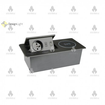 Built-in power strip with cover and induction charger with 1xSCHUKO and 2xUSB (A and S-type), BLACK Furniture LED lighting