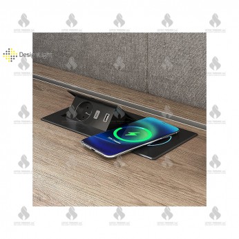 Built-in power strip with cover and induction charger with 1xSCHUKO and 2xUSB (A and S-type), BLACK Furniture LED lighting