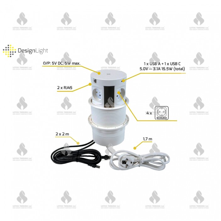 Pop-up power socket with USB and RJ45, white Furniture LED lighting